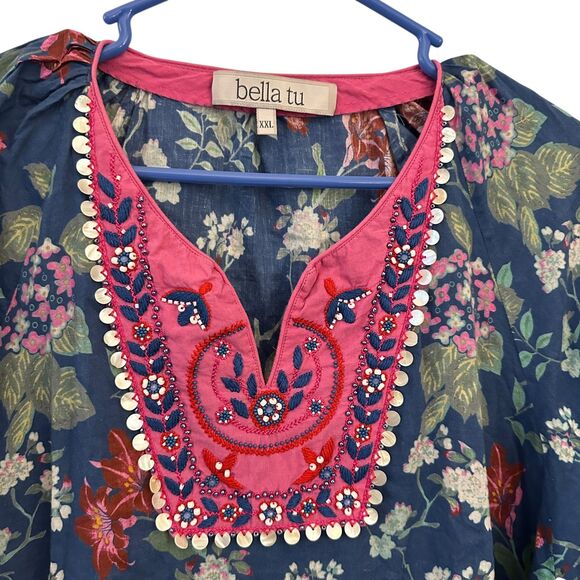 Bella Tu Blue and Pink Floral Beaded Embroidered V-Neck Cotton Tunic Size XXL - Picture 5 of 7